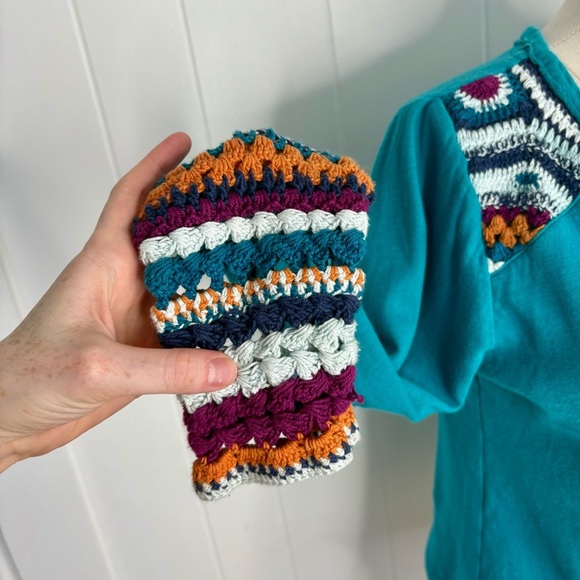 Sundance Henley Sweater Top Teal Blue Crochet Cuffs Boho Women’s Size Medium - Picture 4 of 8